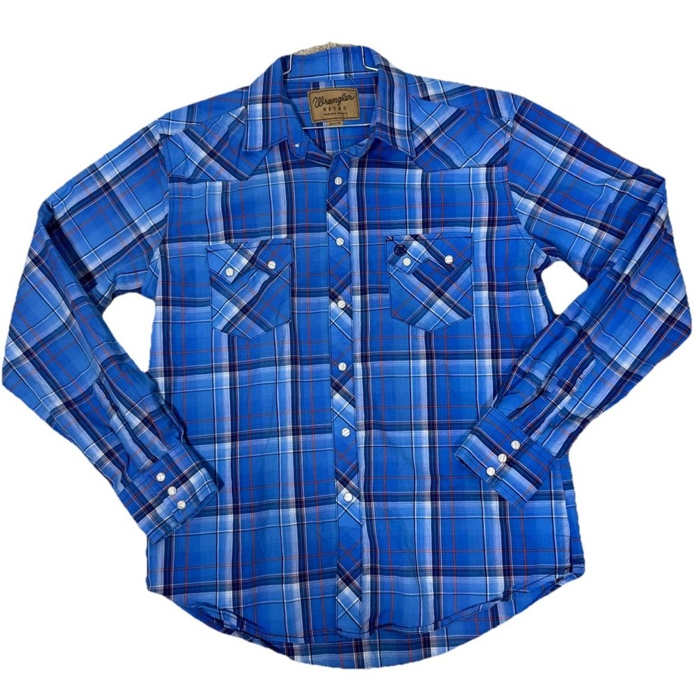 Wrangler Retro Mens L Plaid Long Sleeve Pearl Snap Up Shirt Rodeo Cowboy Western